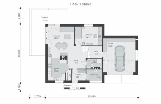 Проект одноэтажного дома с мансардой, террасой, гаражом и балконом