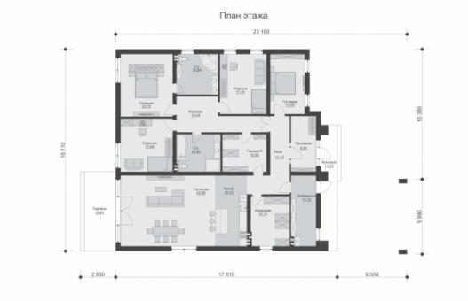 Одноэтажный дом с плоской кровлей, навесом для автомобилей и террасой